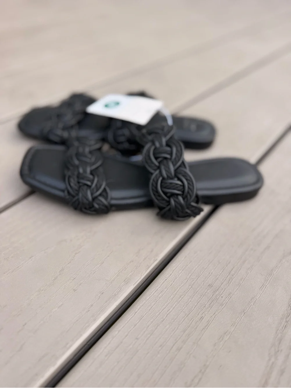 Black Braided Double Strap Open Toe Slide Sandals Flat Shoes